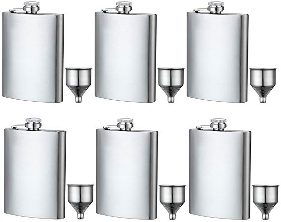 6 Pcs 8 oz Hip Stainless Flask by YWQ, Easy Pour Funnel is Included, Great Gift