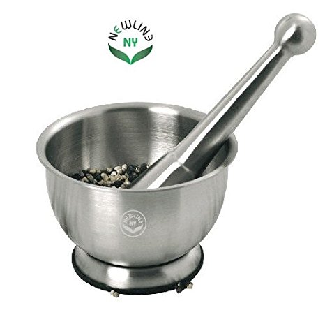 NewlineNY Stainless Steel Hand Masher & Bowl, Mortar and Pestle Set