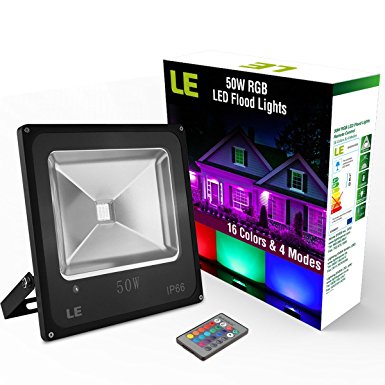 LE 50W RGB LED Flood Lights, Colour Changing LED Security Light, 16 Colours & 4 Modes, Remote Control, Waterproof LED Floodlight, UK 3-Plug, Wall Washer Light