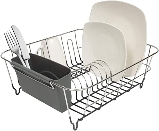 Sweet Home Collection 2 Piece Dish Drying Rack Set Drainer with Utensil Holder Simple Easy to Use Fits in Most Sinks, 12" x 14.5" x 5", Black