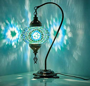 New BOSPHORUS Stunning Handmade Swan Neck Turkish Moroccan Mosaic Glass Table Desk Bedside Lamp Light with Bronze Base (Green)