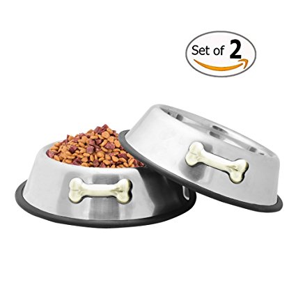 Behomy Stainless Steel Dog Bowl with Rubber Base, Food and Water Bowl for Feeding Puppies Middle Size Dogs and Cats, 32 Ounce(Set of 2)
