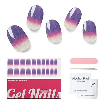 Semi Cured Gel Nail Strips, 20 PCS Gel Nail Stickers Work with UV Light, Gel Nail Wraps, Salon Quality & Easy to Use - Amethyst Twilight