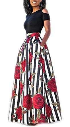 Playworld Women's Cold Shoulder Two Piece Floral Print Pockets Long Party Skirts Dress