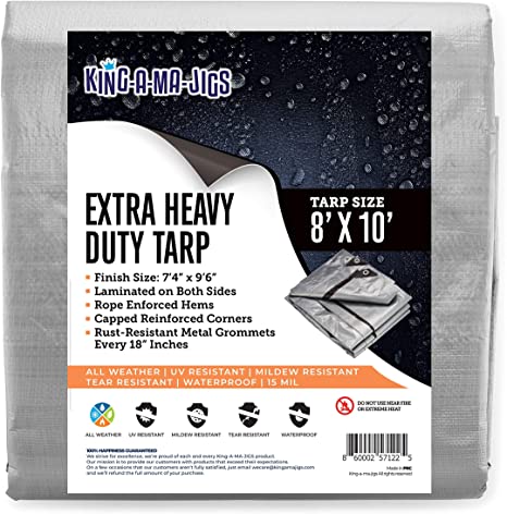 8x10 Super Heavy Duty Tarp, Extra Thick 15 Mil Waterproof Plastic Poly Tarpaulin with Metal Grommets Every 18 Inches - for Roof, Outdoor, Patio. Rain or Sun (Reversible, Silver and Black) (8x10)