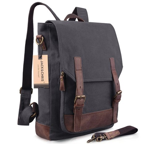 Jack&Chris®Canvas Leather Backpack Rucksack Laptop Bag 2 Way to Carry,MC6914
