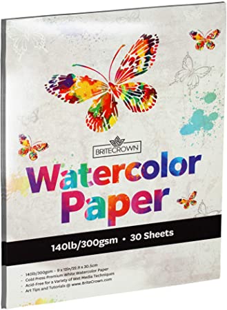 Brite Crown Watercolor Paper Pad - 140lb/300gsm – Bright White 30 Sheets (9x12) Cold Press Texture, Acid Free Watercolor Paper for Kids, Teens and Adult Painters, Wet Media & Mixed Media Artists