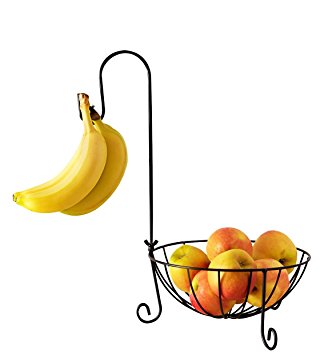 Fruit Basket with Detachable Banana Hanger Hook - A Countertop Produce Wire Basket Storage to Hold Potatoes, Tomatoes, Onions and Vegetables - 10" DIA x 17" H