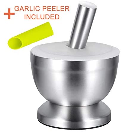 Morfakit Brushed Stainless Steel Mortar and Pestle, Spice Grinder Pill Crusher with Lid for Crushing Grinding Ergonomic Design with Anti Slip Base and Comfy Grip (Large Size)