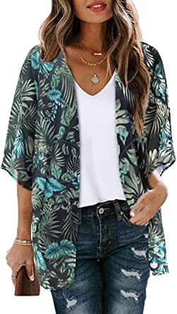 Women's Floral Print Puff Sleeve Kimono Cardigan Loose Cover Up Casual Blouse Tops