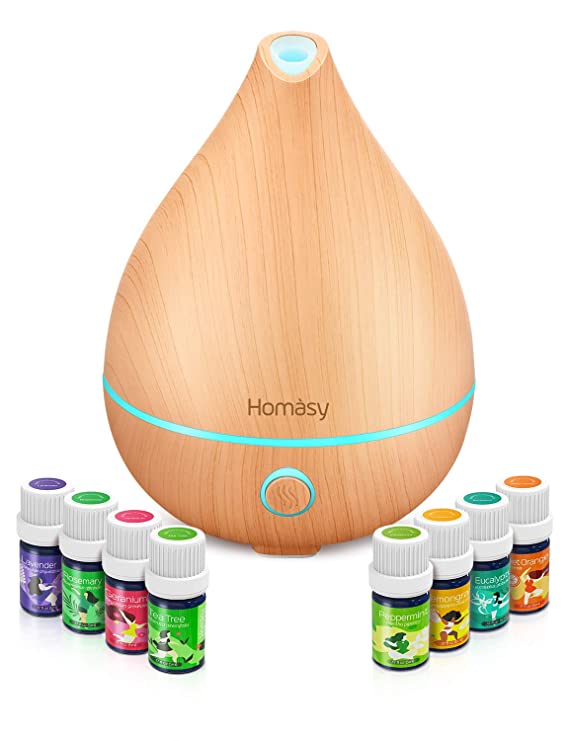 VicTsing Essential Oil Diffuser with Oils, Mini Aromatherapy Diffuser 130ml and TOP 8 Essential Oils Gift Set, Pure Essential Oils Set with Diffuser, 8 Color Lights, BPA-free for Home Office, Yellow