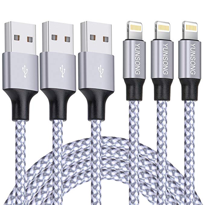 iPhone Charger, YUNSONG 3Pack 6FT Nylon Braided Lightning Cable Charging Cord USB Cable Compatible with iPhone 11 Pro Max Xs XR X 8 7 6S 6 Plus SE 5S 5C 5, iPad (Silver)