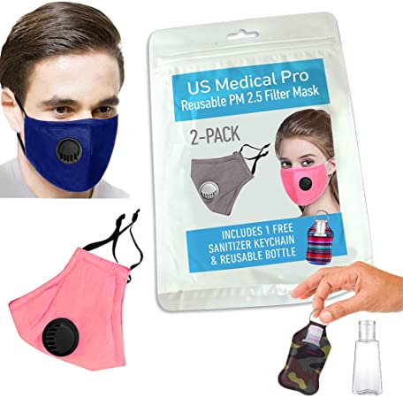 2 1 Pack Face mask Cover with 2 PM 2.5 filter (Includes Reusable Bottle Keychain), Washable mask, Reusable. Anti dust, Cloth face mask with filter… (Blue/Pink)