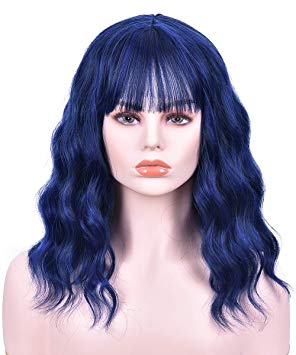 Goodly Navy Blue Short Wigs with Air Bangs for Women Synthetic Heat Resistant Fiber Wavy Wigs Cosplay Women’s Blue Wigs 14 Inch (Blue Mixed Black)