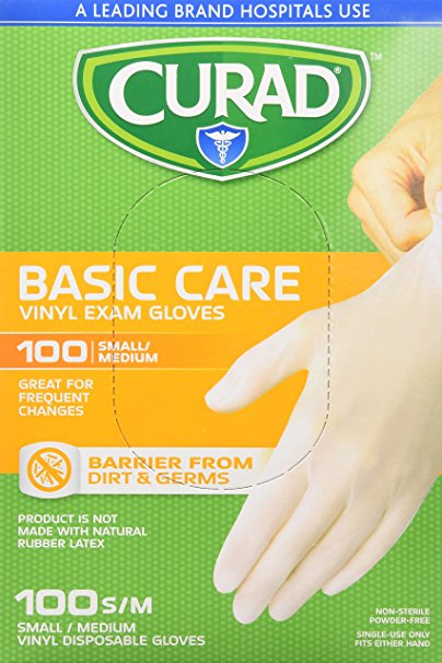 Curad CUR4134W Basic Care Vinyl Exam Gloves, Small/Medium, 100 Count (Pack of 10)
