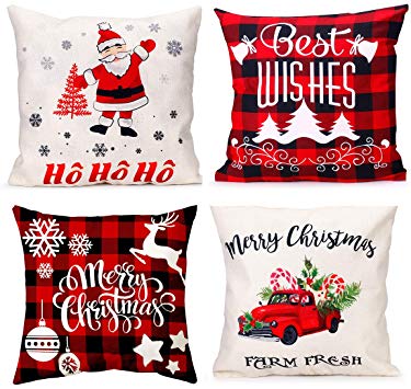 iMucci 4 Packs 18 Inch Farmhouse Christmas Plaid Pillow Covers for Home Red and Black Buffalo Check Christmas Decor Winter Holiday Christmas Pillows Christmas Decorations Throw Pillow Covers