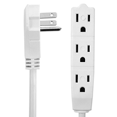 BindMaster 30 Feet Extension Cord / Wire, 3 Prong Grounded, 3 outlets, Angeled Flat Plug , Round Wire, White