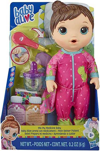 Baby Alive Mix My Medicine Baby Doll, Dinosaur Pajamas, Drinks and Wets, Doctor Accessories, Brown Hair Toy for Kids Ages 3 and Up