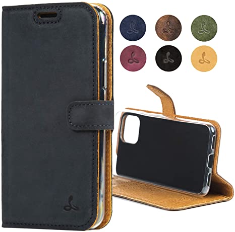 Google Pixel 4 Case, Luxury Genuine Leather Wallet with Viewing Stand and Card Slots, Flip Cover Gift Boxed and Handmade in Europe for Google Pixel 4- (Navy)