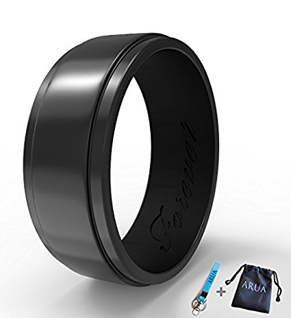 Elegant Glam Silicone Wedding Ring (Band) for Men. Thin, Comfortable, Durable. 8mm Wide. Gift Bag and Silicone Keychain Included.