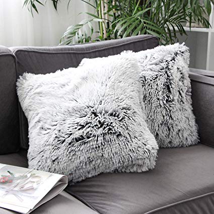 Uhomy Home Decorative Luxury Series Super Soft Style Artificial Fur Throw Pillow Case Cushion Cover for Sofa/Bed Black Ombre 18x18 Inch 45x45 cm Set of 2