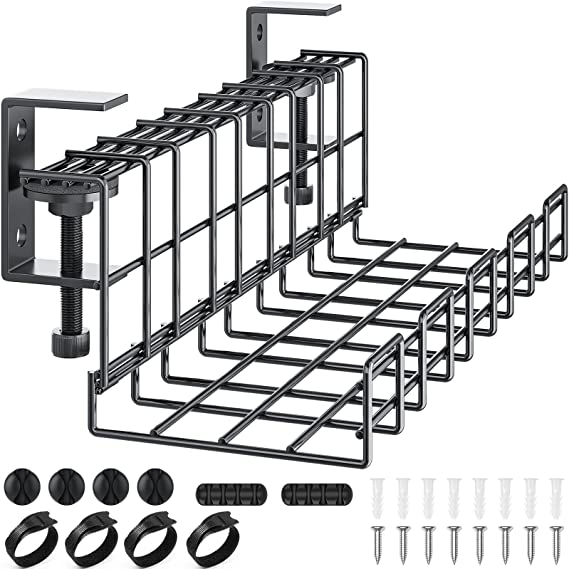 2 Packs Large Under Desk Cable Management Tray - Yecaye Clamps Install No Drill to Desk Cable Rack - No Damage to Tables - Desk Cord Organizer - Sturdy Metal Cable Management Tray for Office Home