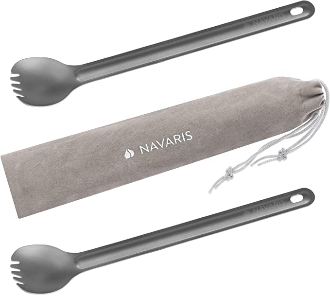 Navaris Long Handle Titanium Sporks (Set of 2) - 8.4" (21.5cm) Long Metal Spork Set for Backpacking and Camping - Strong Ultra Lightweight Cutlery