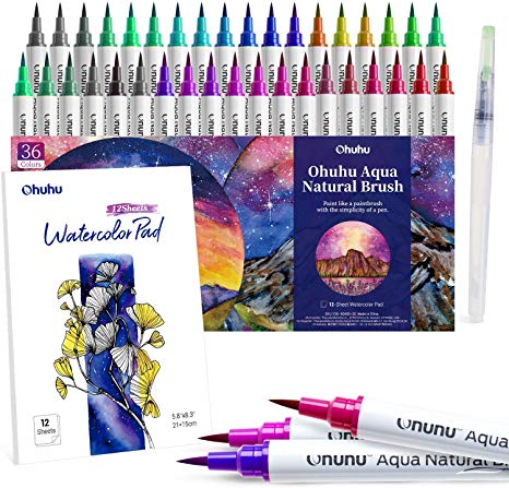 Ohuhu Watercolour Brush Markers Pens Set 36 Colours with 12-Sheet Watercolor Pad & A Blending Aqua Brush, Water-Based Paint Markers with Flexible Nylon Brush Tips for Coloring, Calligraphy, Drawing