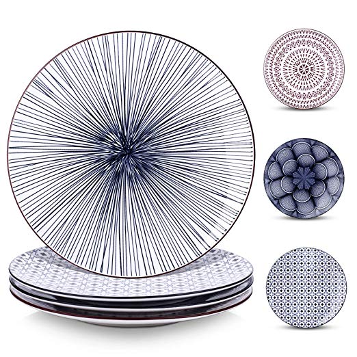 Y YHY 10 Inches Porcelain Dinner Plates, Large Serving Plate Set, Assorted Blue White Patterns, Set of 4