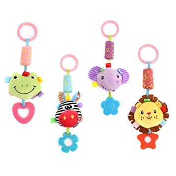 DOMIRE Baby Rattle Hanging Toys, 4 Pack Washable Infant Stroller Toys with Cute Wind Chime and Plush Squeak Crib Toys for Baby Boys and Girls