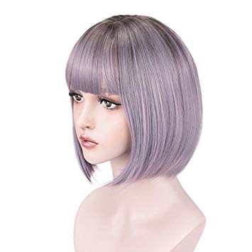 REECHO 11" Ombre Short Bob Wig with bangs Synthetic Hair for White Black Women Cosplay Color: Ombre Brown Roots to Light pale Purple