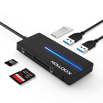 KOOTION USB 3.0 Hub with SD/TF Card Reader Ports,Ultra Slim 3-Port USB 3.0 Data Hub and LED Indicator, Black