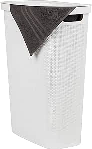 Mind Reader 40L Slim Laundry Hamper, Clothes Basket, Lid, Linen Design, Plastic, 18.5”L x 10.75”W x 23.5”H, White