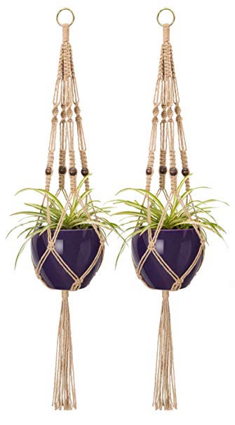 Mkono 2 Pcs Macrame Plant Hanger Indoor Outdoor Hanging Planter Basket Jute Rope with Beads 4 Legs 40 inch