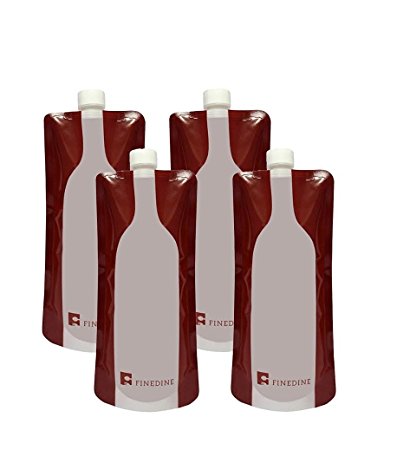 FineDine Portable Plastic Wine Bags Pack of 4, Flexible Reusable and BPA-Free Wine Flask, Screw Tight Caps and Precise Pour Spout, Great for Wine, Liquor, and Other Beverages, 750 ml / 26 oz Capacity