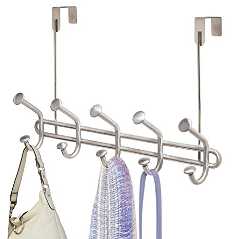 mDesign Over the Door 10-Hook Rack for Coats, Hats, Robes, Towels - Brushed Stainless Steel