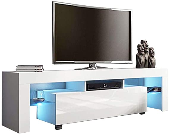 WAFamily Universal TV Stand Table with LED Lights Modern TV Stand for TV's up to 64" Flat Screen Living Room Storage Shelves Entertainment Center, 51.18 Inch, Screen Living Room Storage (White)