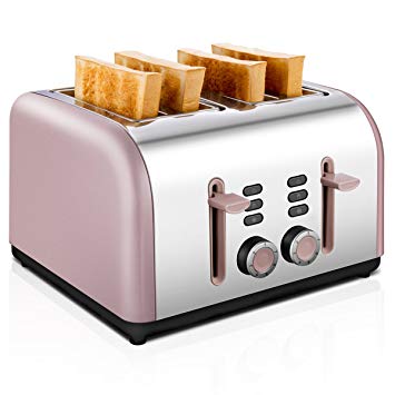 Toaster 4 Slice, CUSIBOX Four Wide Slots Toaster Stainless Steel with 7 Bread Browning Settings, Reheat/Defrost/Cancel Function, 1400W, Rose Gold