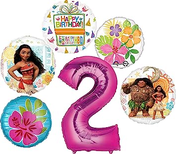 Moana Party Supplies 2nd Birthday Balloon Bouquet Decorations - Pink Number 2