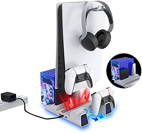 NexiGo PS5 Stand with RGB LED Light, Hard Drive Slot, Headset and Remote Holders, Dual Controller Charging Station for Playstation 5 Console, 10 Game Slots, White