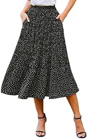 Zeagoo Womens Elastic High Waist Polka Dot Summer Pleated Skirt Boho Swing Casual Flowy Midi Skirt with Pockets