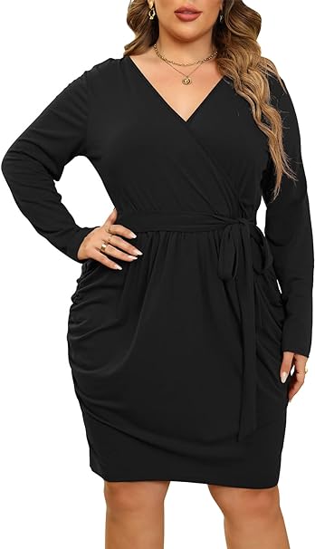 Nemidor Womens Plus Size Wrap Dress Cotton Fitted Ruched Cocktail Party Short Dress NEM294