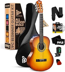 Pyle Beginner Acoustic Guitar Kit, 3/4 Junior Size All Wood Instrument for Kids, Adults, 36" Brown Gloss