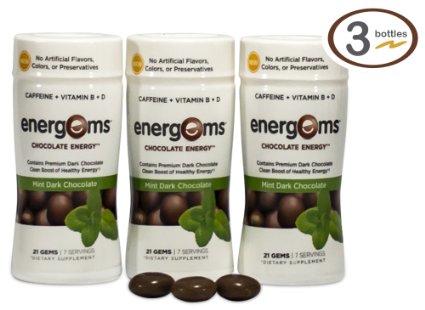 Energems Dark Chocolate Energy Boost with Caffeine, Vitamin B, Vitamin D, Antioxidants, plus L-Theanine- Mint Dark Chocolate Flavors - 63 Dietary Supplement Gems (3 Bottle Pack)