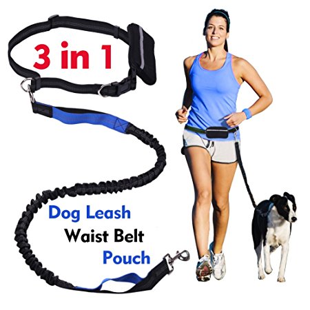 Hands Free Dog Leash for Running Walking Training Hiking, Dual-Handle Reflective Bungee, Poop Bag Dispenser Pouch, Adjustable Waist Belt, Shock Absorbing, Ideal for Medium to Large Dogs