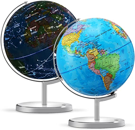 KingSo World Globe for Kids 13" Illuminated Spinning World Globe 3 in 1 Interactive Earth Globe for Kids Learning with Heavy Duty Stand, Political Map, Constellation,LED Night Light