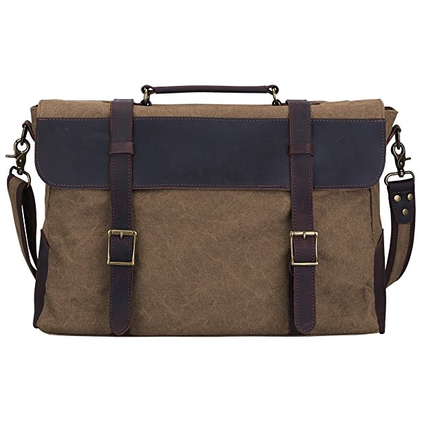 S ZONE Vintage Canvas Leather Messenger Traveling Briefcase Shoulder Laptop Bag