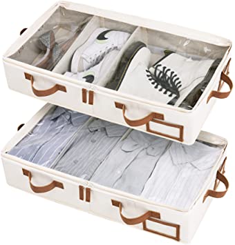 StorageWorks Underbed Storage Box, Underbed Clothes Storage Bin for Clothes, Blankets and Shoes, Foldable Underbed Bags, Ivory White, Medium, 2 Pack