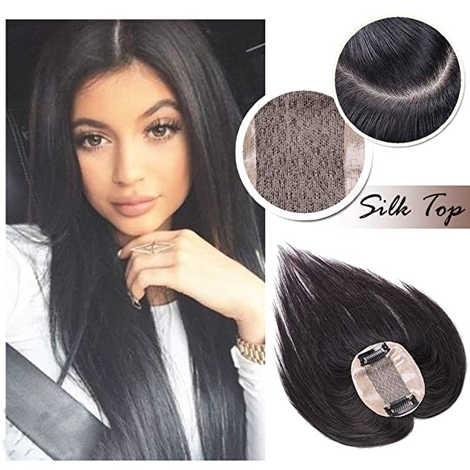 Benehair Clip in Top Hair Piece for Women Silk Base Crown Topper Human Hair Hand-Made Toupee Middle Part Short Hair Extension for Thinning Grey Hair 100% Density Hairpiece 6inch Off Black #1B