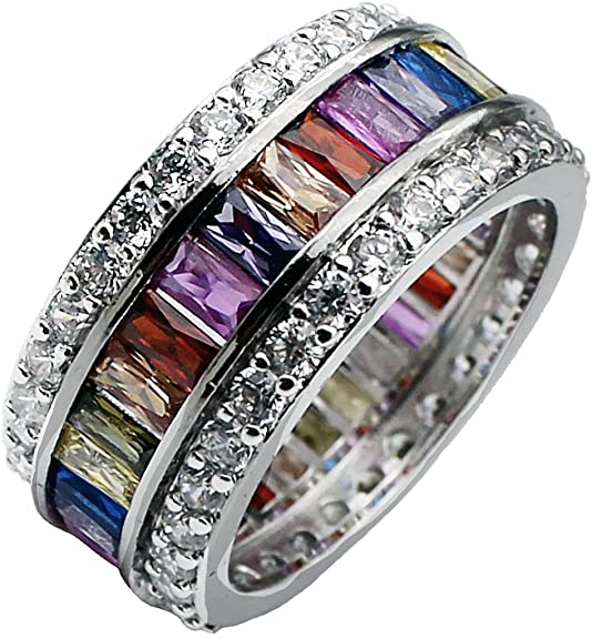 Hermosa Womens Multicolor Band Baguette Gemstone Rings 925 Sterling Multicolor Ring Sizes 6 to 12